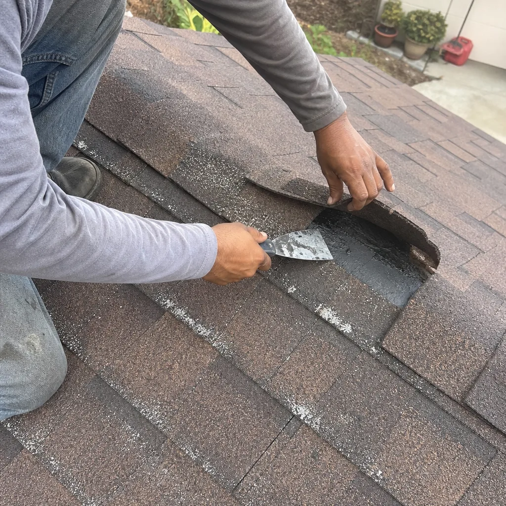 Professional roofer repairing damaged asphalt shingles on a residential roof