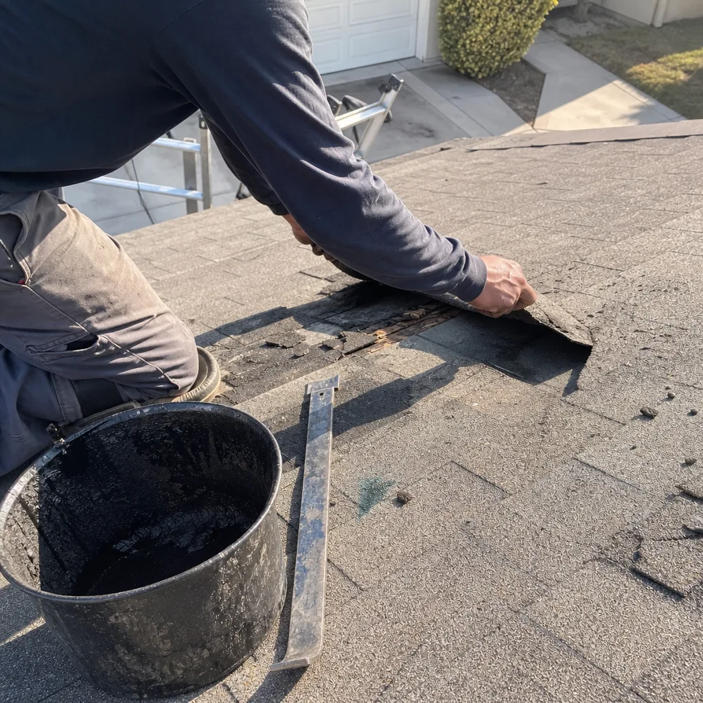 Professional roofer repairing damaged asphalt shingles on a residential roof.