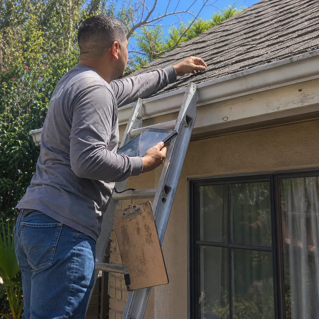Roofing professional inspecting residential shingles on a ladder with a tablet