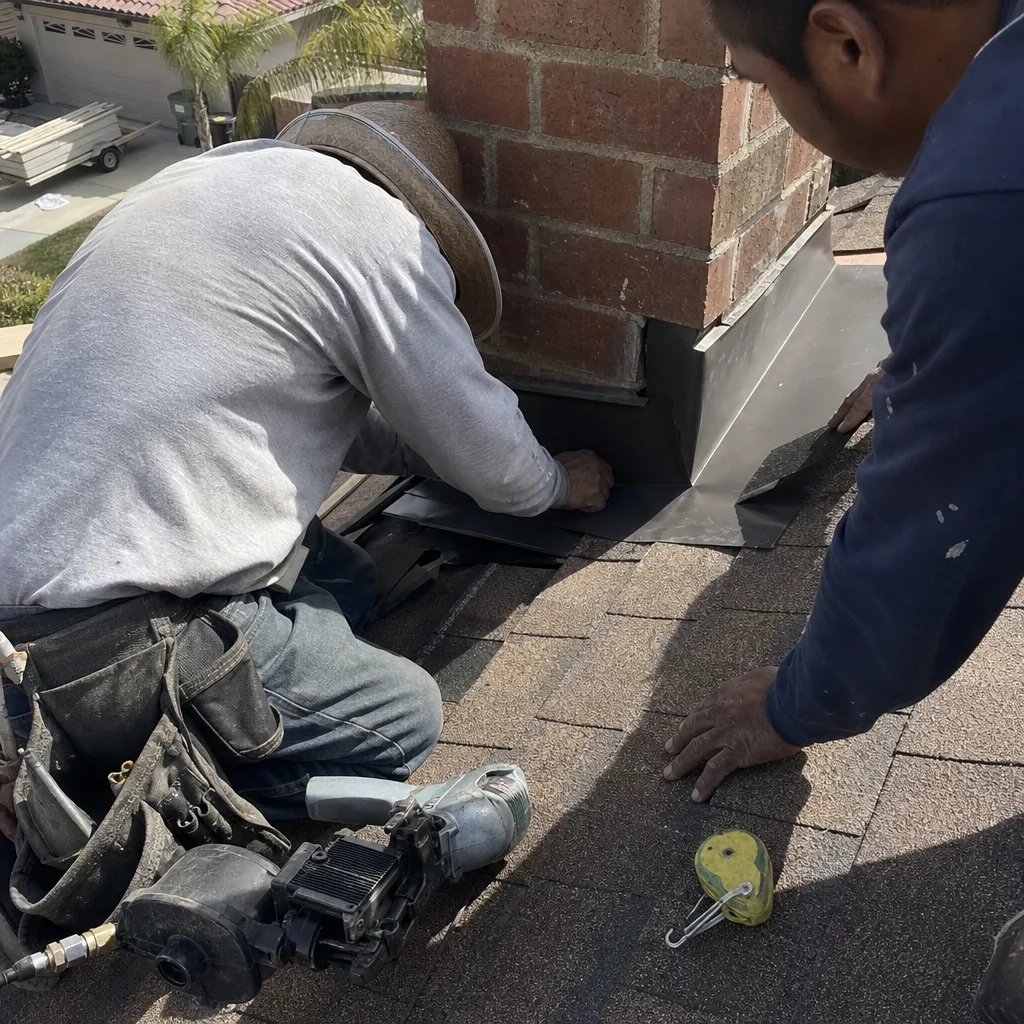Roofers installing professional chimney flashing during a residential roof repair